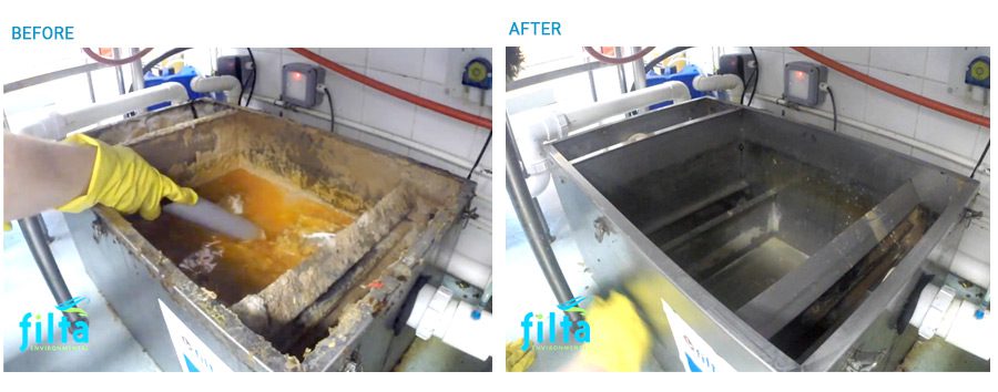 A before and after picture of a dirty grease trap cleaning so it is all empty and clean, ready to be used again.